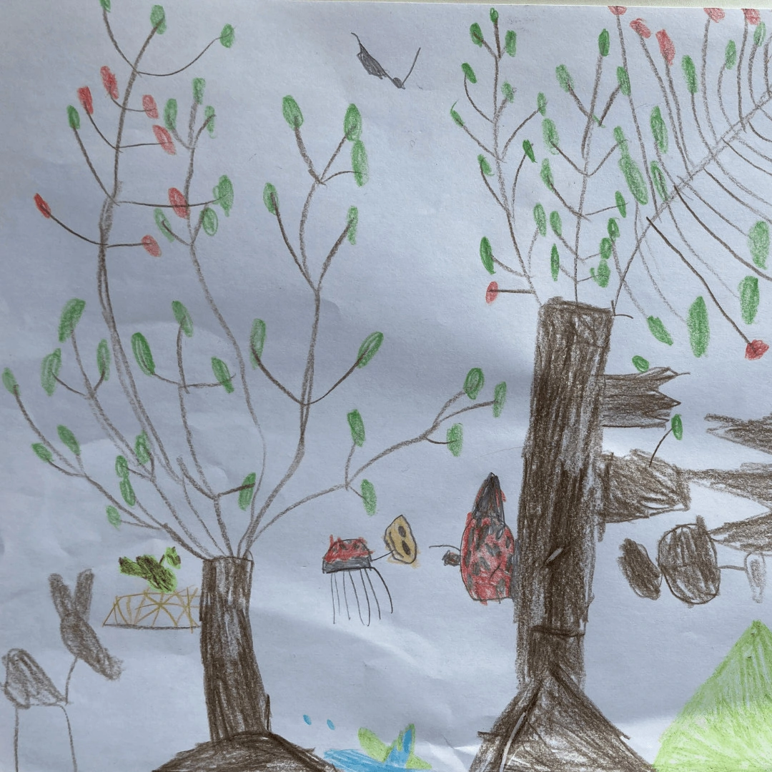12 von 12 im April 2022 - Selbst gemaltes Bild Bäume, Reh, Marienkäfer