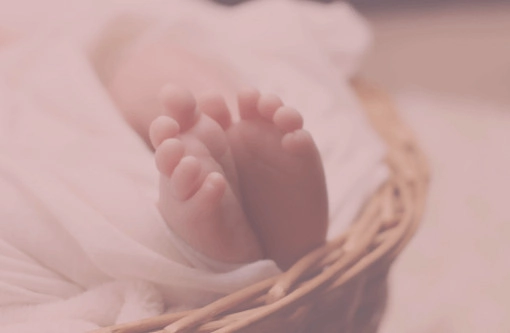 Beitragsbild Blogartikel Geschichte der Windel - Babyfüße in Korb mit Stoff umhüllt