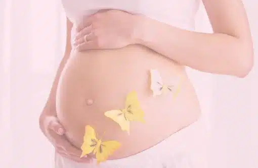 Babybauch mit zwei Händen und drei gelben Schmetterlingen darauf